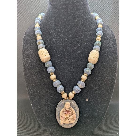 NA Jewelry - Asian Long Ivory Colored Blue Bead Necklace Oval Pendant 30.5" & "Silver" Clasp